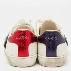 Gucci White Leather Embellished Snake Ace Low-Top Sneakers Size 37