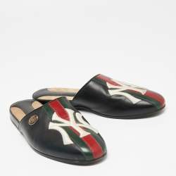 Pre Owned Gucci Black Leather NY Yankees Patch Flat Mules Size 39