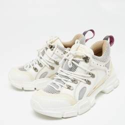 Pre Owned Gucci White/Cream Mesh and Leather Flashtrek Sneakers Size 38.5