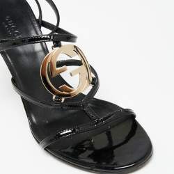 Pre Owned Gucci Black Patent Leather Interlocking G Ankle-Strap Sandals Size 38