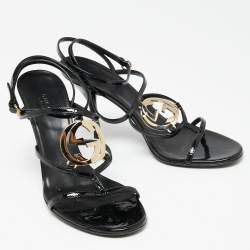 Pre Owned Gucci Black Patent Leather Interlocking G Ankle-Strap Sandals Size 38