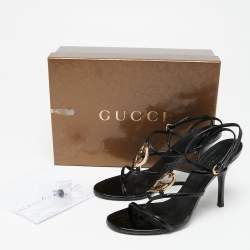 Pre Owned Gucci Black Patent Leather Interlocking G Ankle-Strap Sandals Size 38