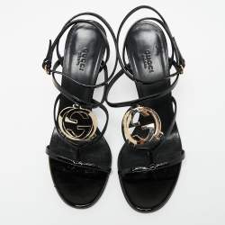 Pre Owned Gucci Black Patent Leather Interlocking G Ankle-Strap Sandals Size 38
