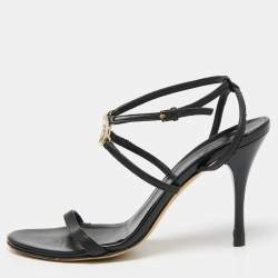 Pre Owned صندل غوتشي جلد أسود مزين حرف جي متداخل سير كاحل مقاس 38