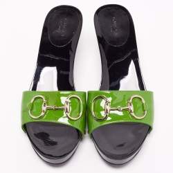 Gucci Green Patent Leather Horsebit Slide Sandals Size 38