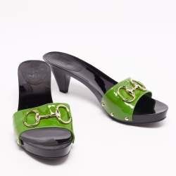 Gucci Green Patent Leather Horsebit Slide Sandals Size 38