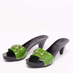 Gucci Green Patent Leather Horsebit Slide Sandals Size 38