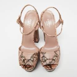 Pre Owned صندل غوتشي هورسبيت جلد ثعبان بني/وردي كعب مربع سميك بحزام للكاحل مقاس 38