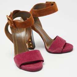 Pre Owned Gucci Tricolor Suede Madison Studded Block Heel Ankle-Strap Sandals Size 36