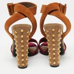 Pre Owned Gucci Tricolor Suede Madison Studded Block Heel Ankle-Strap Sandals Size 36