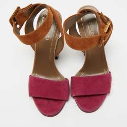 Pre Owned Gucci Tricolor Suede Madison Studded Block Heel Ankle-Strap Sandals Size 36