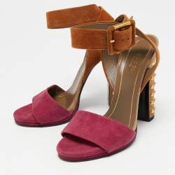 Pre Owned Gucci Tricolor Suede Madison Studded Block Heel Ankle-Strap Sandals Size 36