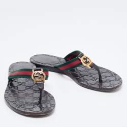 مملوكة مسبقًا Gucci Black Leather And Web Interlocking G Thong Flats Size 37