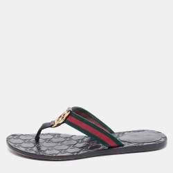 مملوكة مسبقًا Gucci Black Leather And Web Interlocking G Thong Flats Size 37