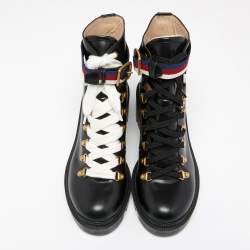 مملوكة مسبقًا Gucci Black Leather Sylvie Leather Lace Up Boots Size 38