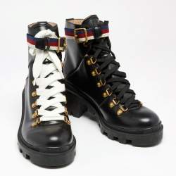 مملوكة مسبقًا Gucci Black Leather Sylvie Leather Lace Up Boots Size 38