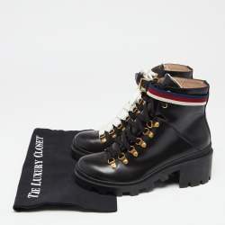 مملوكة مسبقًا Gucci Black Leather Sylvie Leather Lace Up Boots Size 38