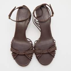 مملوكة مسبقًا Gucci Brown Braided Leather Bamboo Heel Open Toe Sandals Size 36