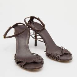 مملوكة مسبقًا Gucci Brown Braided Leather Bamboo Heel Open Toe Sandals Size 36