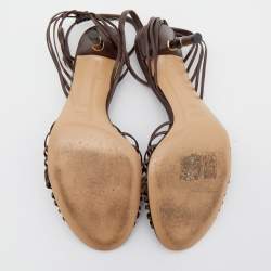 مملوكة مسبقًا Gucci Brown Braided Leather Bamboo Heel Open Toe Sandals Size 36