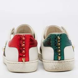 Pre Owned Gucci White Leather Faux Pearl and Spikes Embellished Ace Low-Top Sneakers Size 36.5