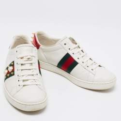 Pre Owned Gucci White Leather Faux Pearl and Spikes Embellished Ace Low-Top Sneakers Size 36.5