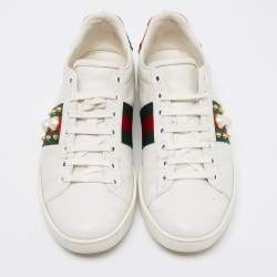 Pre Owned Gucci White Leather Faux Pearl and Spikes Embellished Ace Low-Top Sneakers Size 36.5