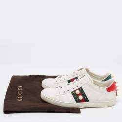 Pre Owned Gucci White Leather Faux Pearl and Spikes Embellished Ace Low-Top Sneakers Size 36.5