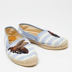 Pre Owned Gucci Blue/White Striped Canvas Embroidered Flat Espadrilles Size 41
