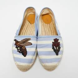 Pre Owned Gucci Blue/White Striped Canvas Embroidered Flat Espadrilles Size 41
