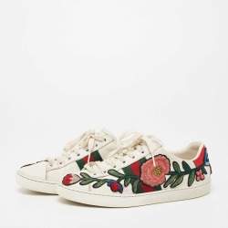 Gucci White Floral Embroidered Leather Ace Low Top Sneakers Size 36