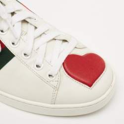 Gucci White Leather Ace Web Heart Detail Lace Up Low Top Sneaker Size 35.5