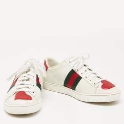 Gucci White Leather Ace Web Heart Detail Lace Up Low Top Sneaker Size 35.5