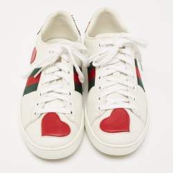 Gucci White Leather Ace Web Heart Detail Lace Up Low Top Sneaker Size 35.5