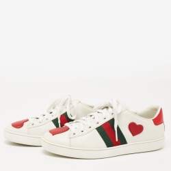 Gucci White Leather Ace Web Heart Detail Lace Up Low Top Sneaker Size 35.5