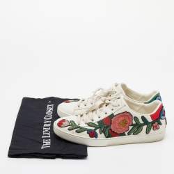 Pre Owned حذاء رياضي غوتشي أيس جلد مطرز أبيض مورد عنق منخفض مقاس 36