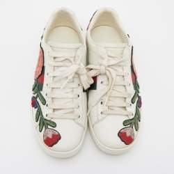 Pre Owned حذاء رياضي غوتشي أيس جلد مطرز أبيض مورد عنق منخفض مقاس 36