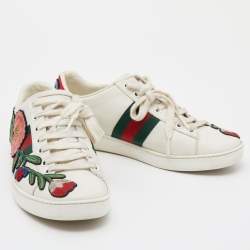 Pre Owned حذاء رياضي غوتشي أيس جلد مطرز أبيض مورد عنق منخفض مقاس 36