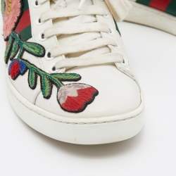 Pre Owned حذاء رياضي غوتشي أيس جلد مطرز أبيض مورد عنق منخفض مقاس 36