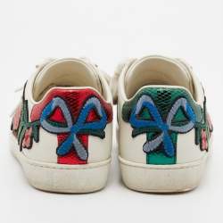 Pre Owned حذاء رياضي غوتشي أيس جلد مطرز أبيض مورد عنق منخفض مقاس 36