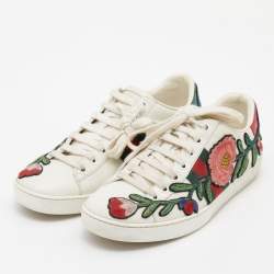 Pre Owned حذاء رياضي غوتشي أيس جلد مطرز أبيض مورد عنق منخفض مقاس 36