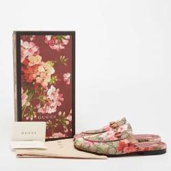 Pre Owned Gucci Beige GG Supreme Blooms Printed Canvas Horsebit Princetown Mules Size 37