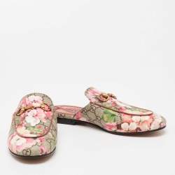 Pre Owned Gucci Beige GG Supreme Blooms Printed Canvas Horsebit Princetown Mules Size 37