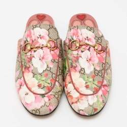 Pre Owned Gucci Beige GG Supreme Blooms Printed Canvas Horsebit Princetown Mules Size 37
