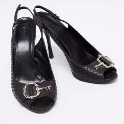 Gucci Black Python Leather Icon Bit Peep-Toe Slingback Sandals Size 39.5