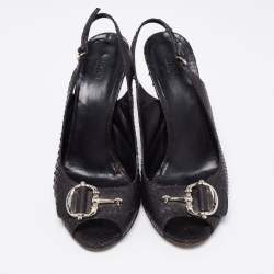 Gucci Black Python Leather Icon Bit Peep-Toe Slingback Sandals Size 39.5