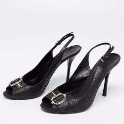 Gucci Black Python Leather Icon Bit Peep-Toe Slingback Sandals Size 39.5