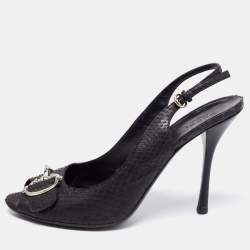 Gucci Black Python Leather Icon Bit Peep-Toe Slingback Sandals Size 39.5
