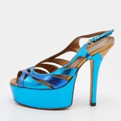 Gucci Metallic Blue Python Embossed Leather Slingback Platform Sandals Size 37