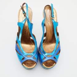 Gucci Metallic Blue Python Embossed Leather Slingback Platform Sandals Size 37